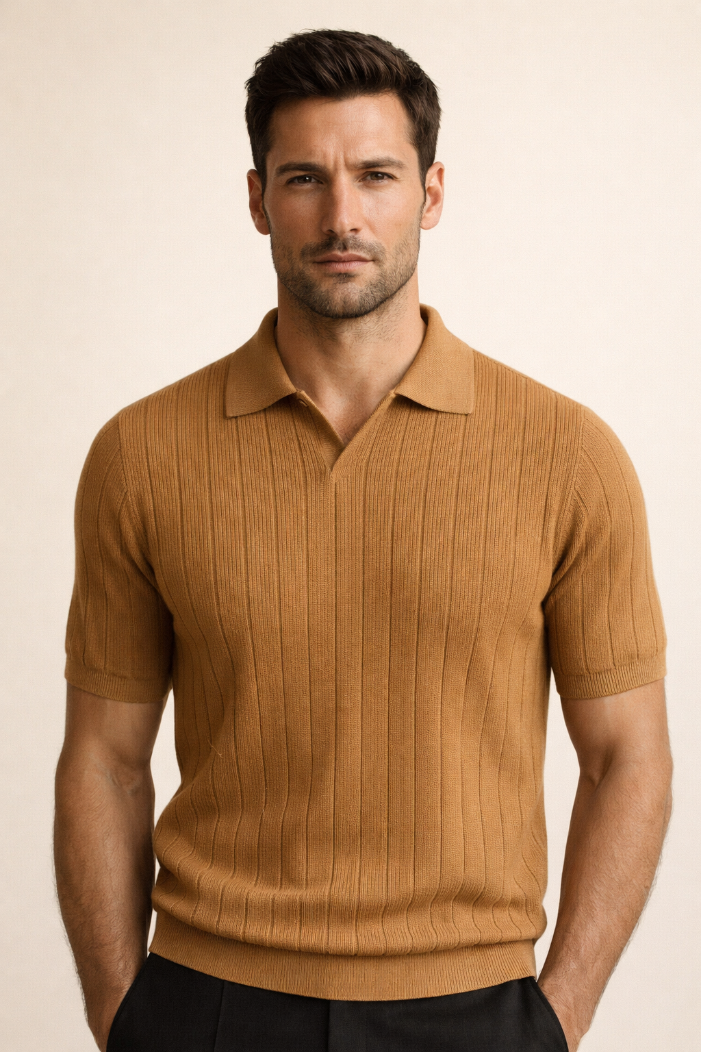 Nicolo Ribbed Knit Polo Caramel