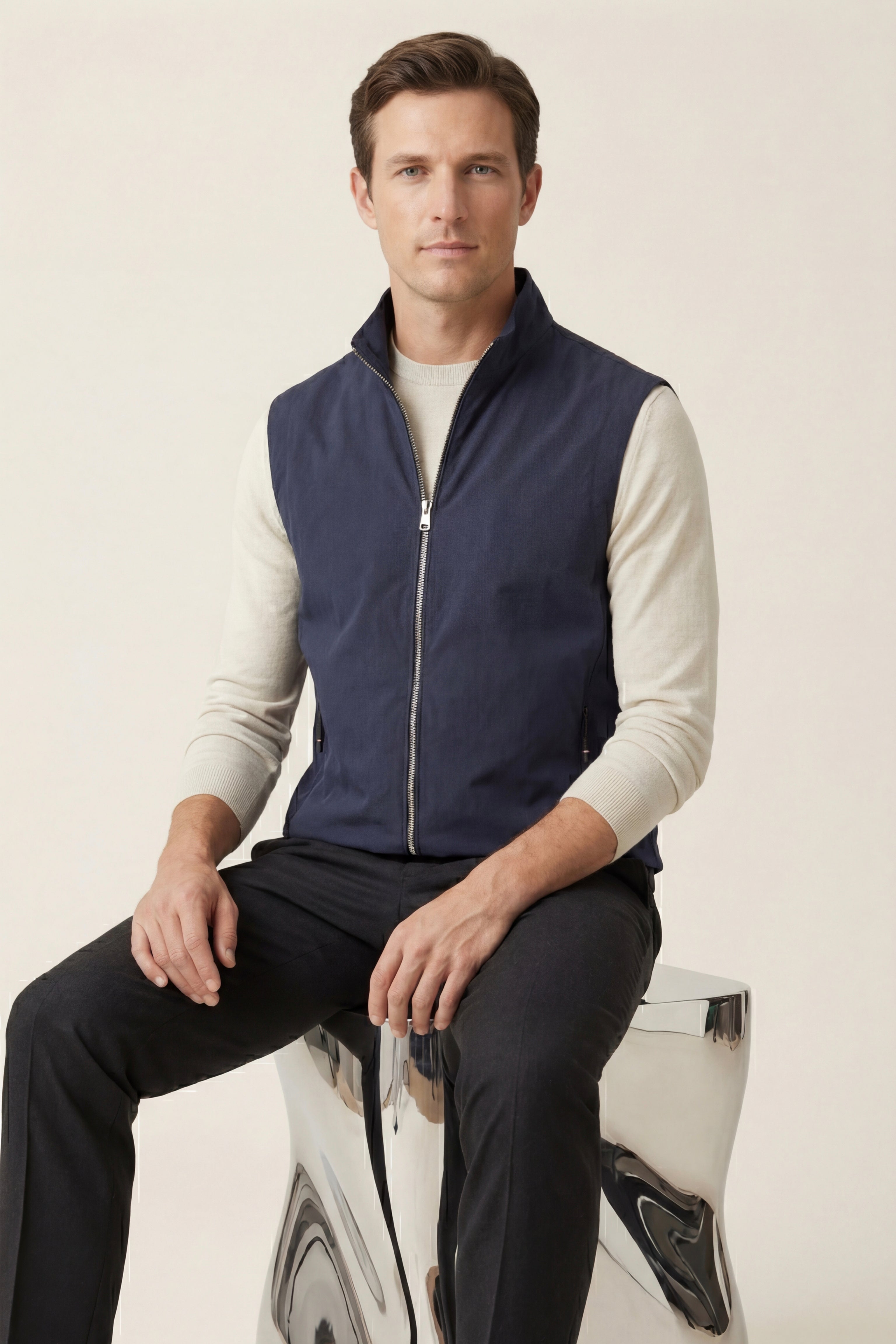 Valeno Stand-Collar Zip Vest Navy Blue