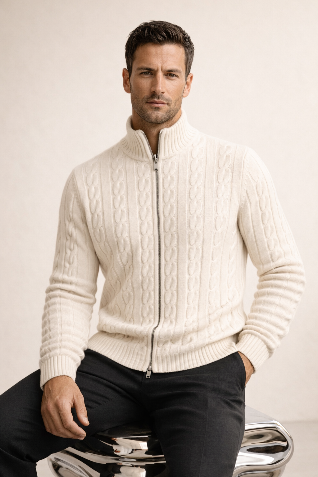 Massimo Zip Cardigan Cream