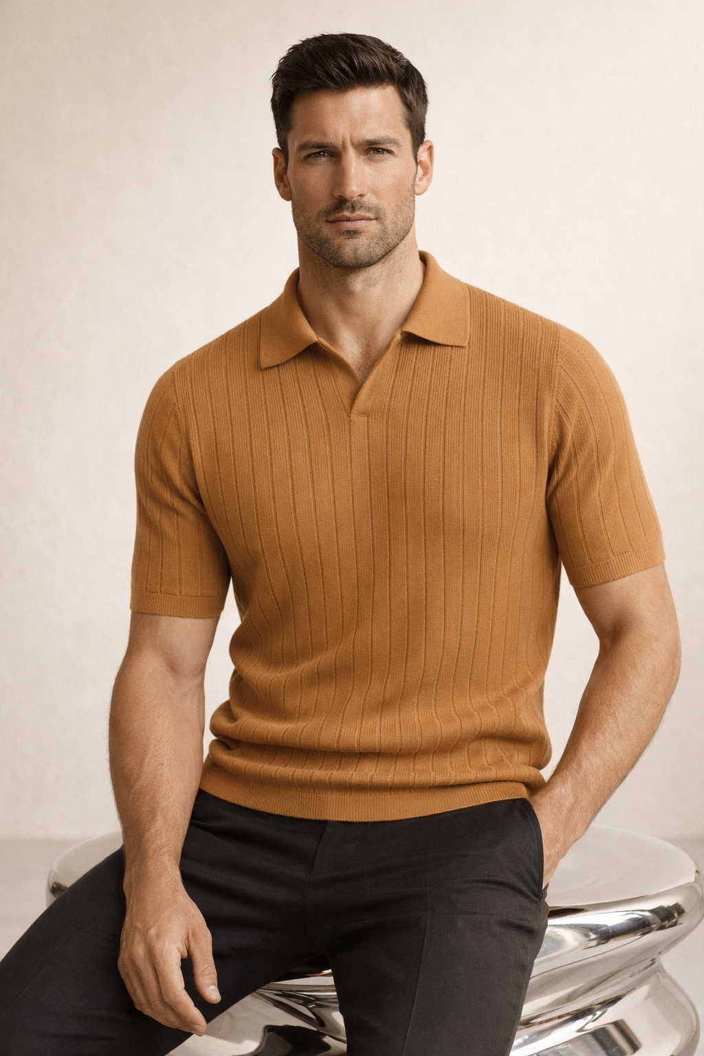 Nicolo Ribbed Knit Polo Caramel