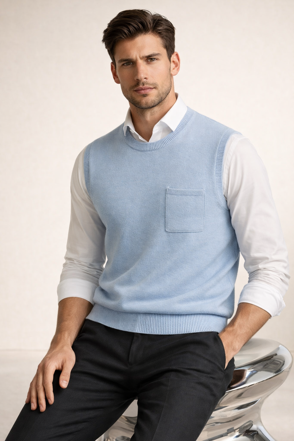 Nerio Extra-Fine Crew Vest Light Blue