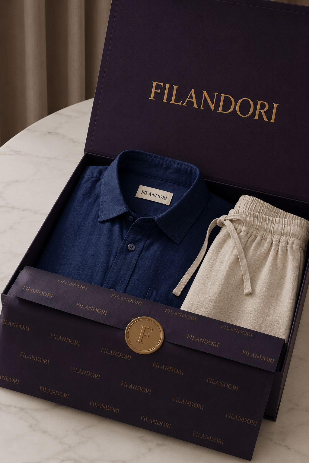 Verona Linen Shirt & Shorts Navy/Beige