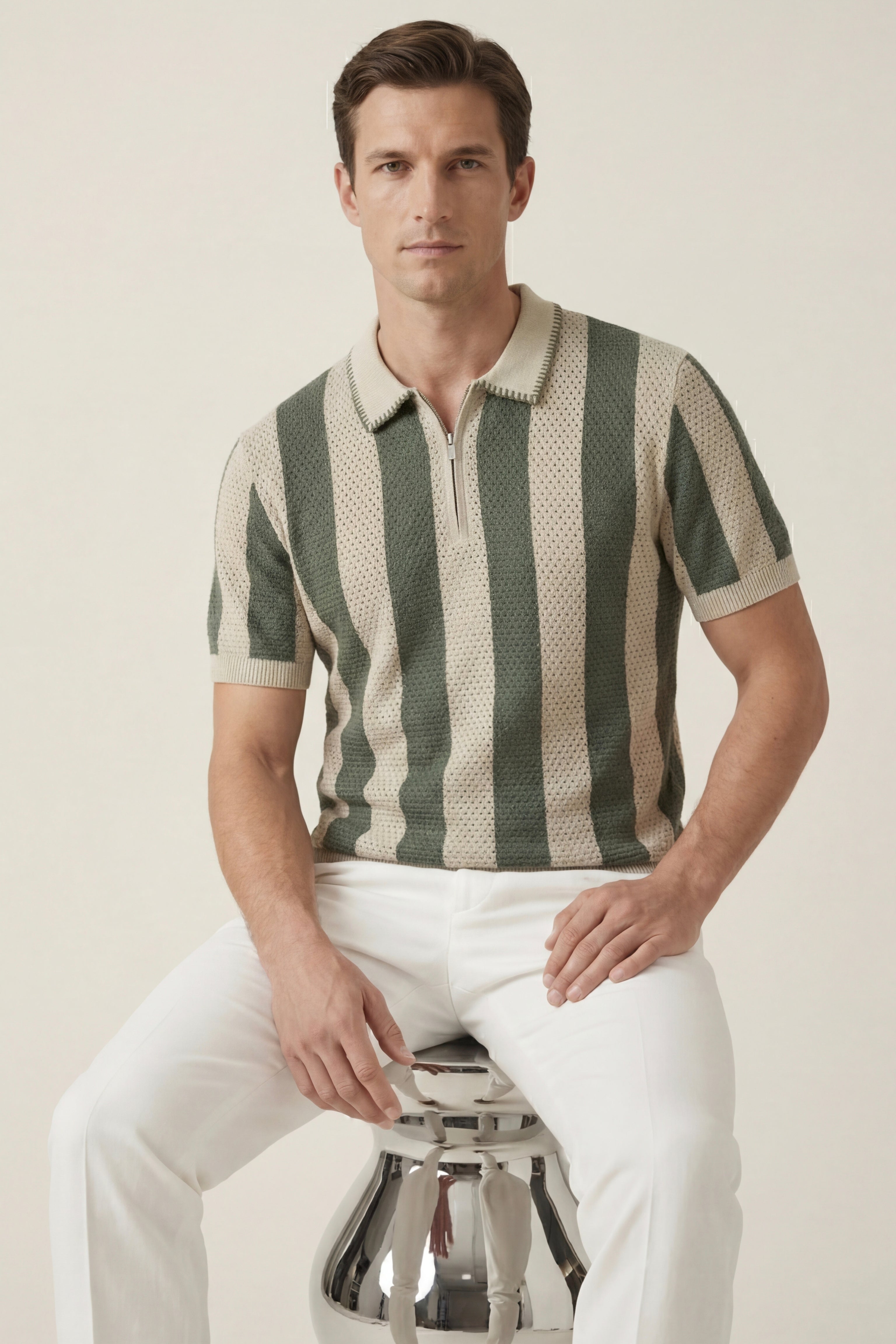 Silano Striped Knit Polo Green